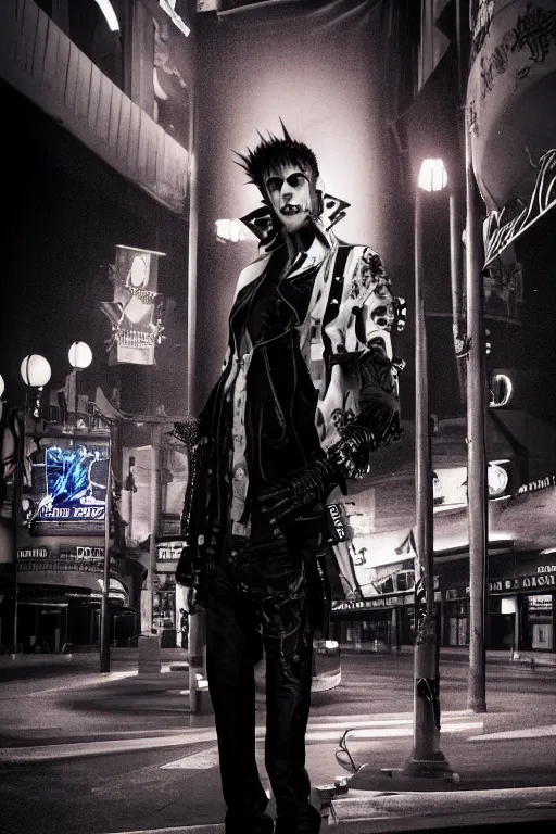 Image similar to full body portrait of a punk vampire in the shadows of the Las Vegas strip at night, cinematic, hyper realism, high detail, octane render, 8k, CGsociety, concept art