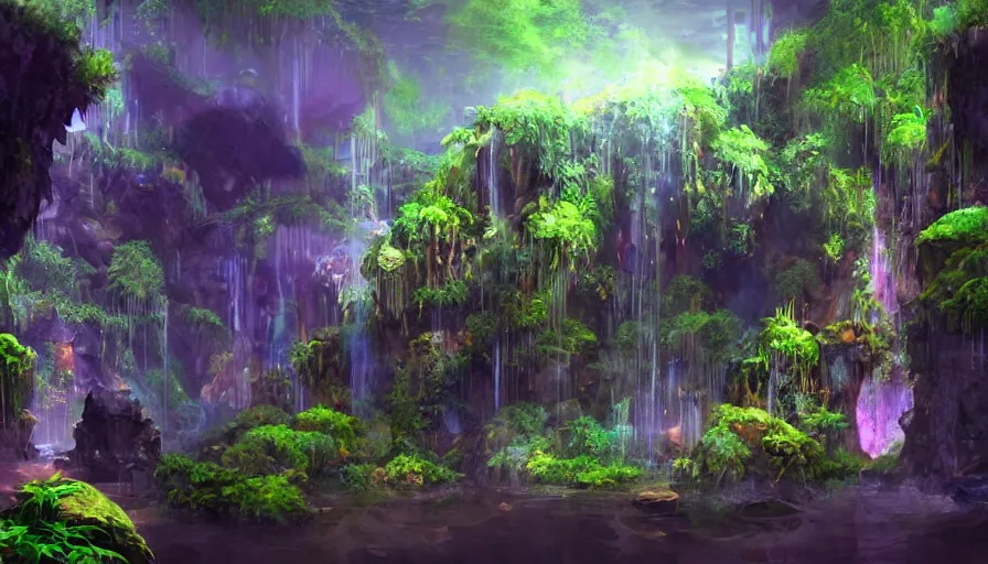 Image similar to concept art of a huge underground jungle cave with waterfalls, luminescent plants, colorful, high detailed, ultra realistic