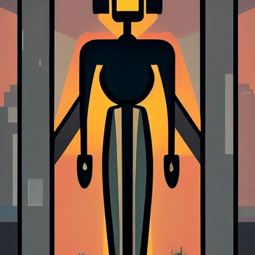 Prompt: “femme 1950s robot, facing a futuristic city, art deco, on canvas, dramatic lighting, clean dark lines, glowing highlights”