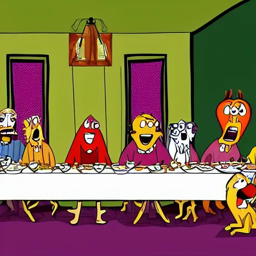 Image similar to the last supper in the style of courage the cowardly dog, detailed, hd, cartoon art,