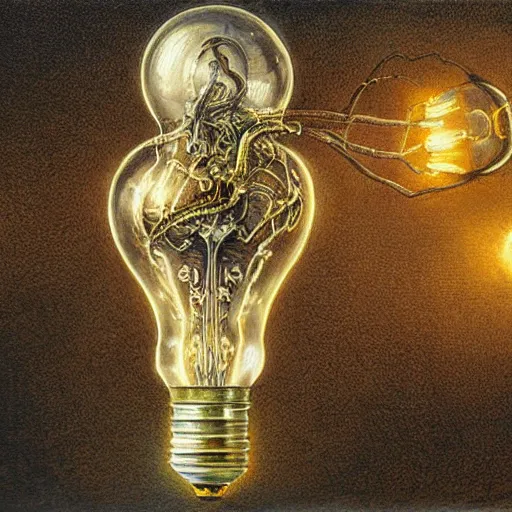 Image similar to light bulb extremely detailed painting by Gerald Brom and Ernst Haeckel and Greg Rutkowski