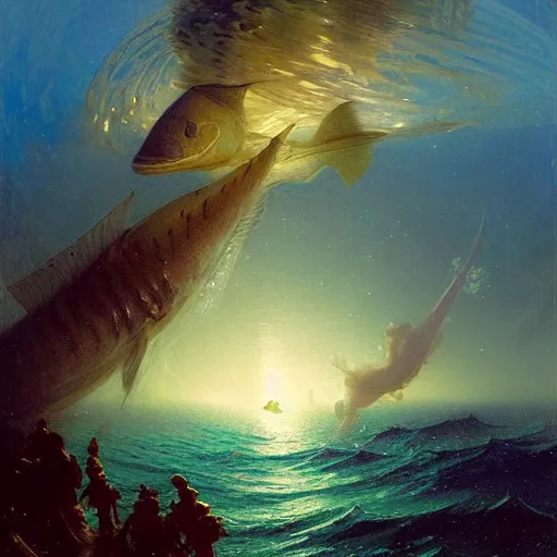 Image similar to point of view of deep in the ocean looking up, you see fishes, higher up you see very clearly the milk way illuminating the sea down bellow, night time. highly detailed painting by gaston bussiere, greg rutkowski 8 k