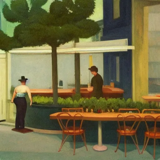 Prompt: idyllic cannabis garden bed in a busy australian cafe muted colors by edward hopper