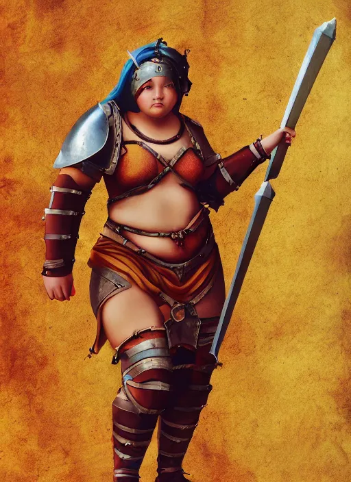 Prompt: hyper realistic photo of medieval chubby beautiful warrior girl, full body, rule of thirds, conceptart, saturated colors