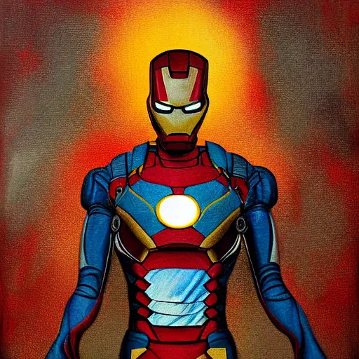 Image similar to death-camp-survivor-super-skinny-emaciated-horribly-skinny-Laughing-Cheerfully-Iron-Man painting by Thomas-Montacellinio