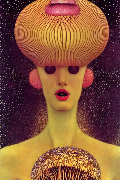 Image similar to art deco close up portait of mushroom head with big mouth surrounded by spheres, rain like a dream digital render curvalinear clothing dramatic fluid lines otherworldly vaporwave interesting details epic composition by artgerm moebius francis bacon gustav klimt