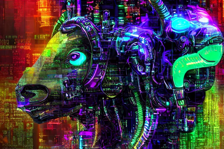 Image similar to complex cyberpunk machine background merged with evil cybernetic goat head in center focus, multicolored digital art