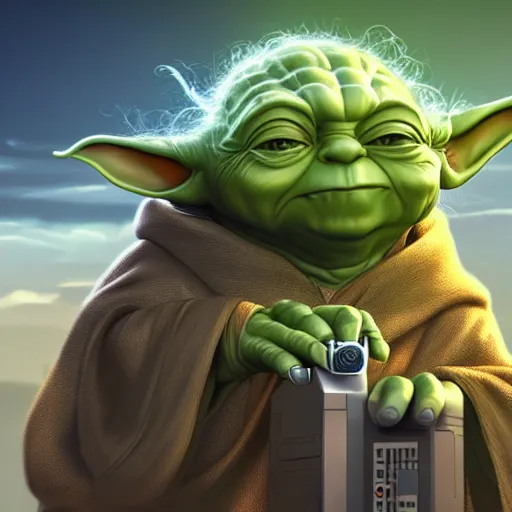 Image similar to r 2 pranking master yoda with an electric shock, huge disturbance in the force, cap canaveral background, digital art, trending on art station, high quality, uhd 8 k, beautiful, golden hour, intricate detail, high gradient, raytracing, dynamic lighting, sharp focus