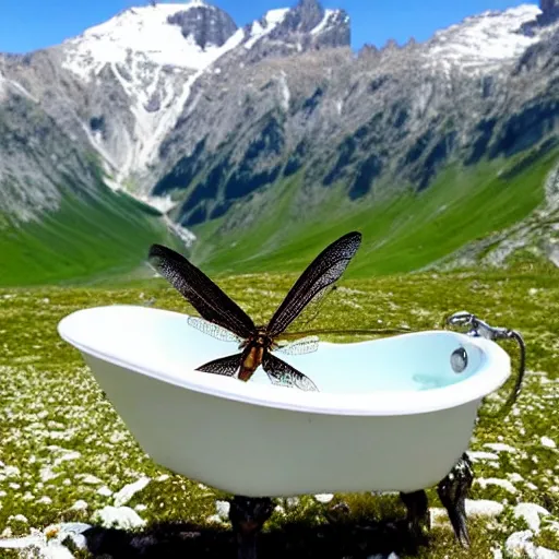 Image similar to dragonfly in a bathtub in the alps, goats!!!!!! sheeps!!! in background