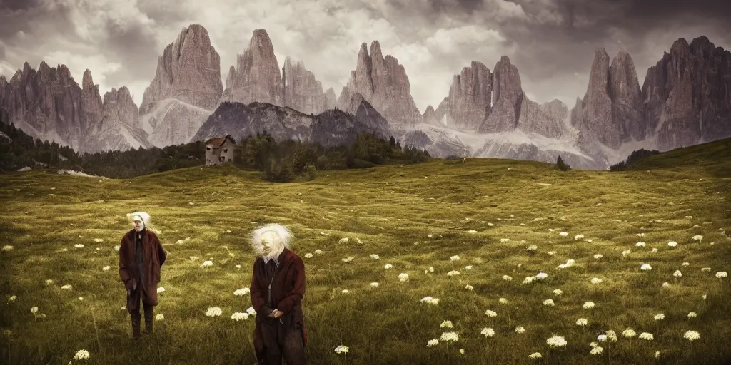 Image similar to old farmers turning into edelweiss monsters ,roots and hay coat, dolomites in background, dark, eerie, despair, portrait photography, artstation, digital art, adward winning, concept art, artstation, highly detailed, sharp focus, by caravaggio