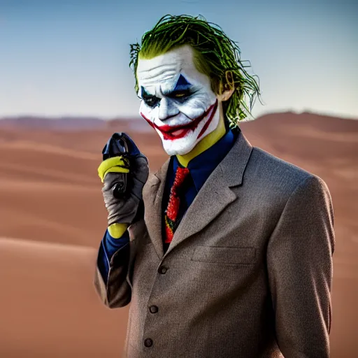 Image similar to A professional picture of the joker wearing a suit of enclave advanced power armor in the desert, 8k, dslr, cinematic, depth of field,