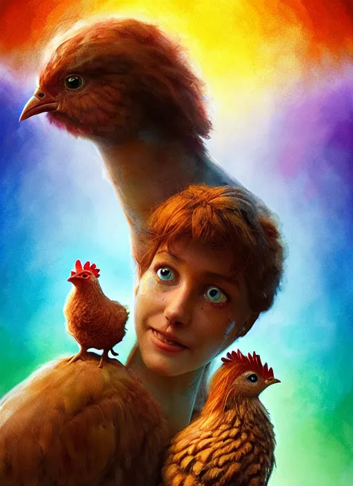 Image similar to a hen and her two chicks on a rainbow movie by nuri iyem, james gurney, james jean, greg rutkowski, anato finnstark. pixar. hyper detailed, 5 0 mm, award winning photography, perfect faces