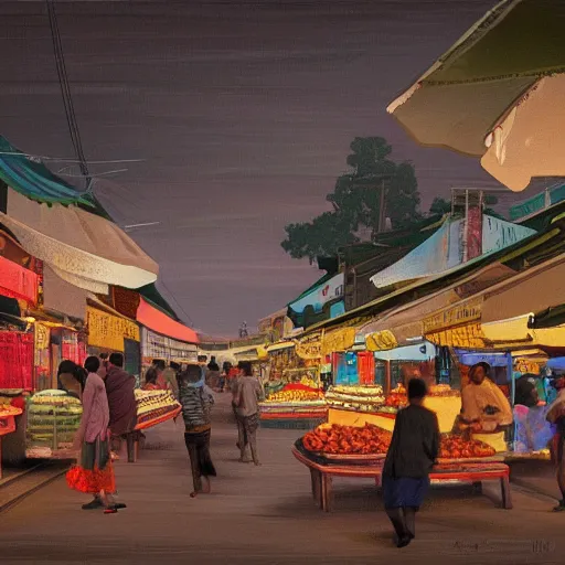 Prompt: an immaculate digital matte painting by Robin White of a placid asian street market scene at dusk.