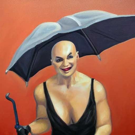 Image similar to oil painting of bald britney about to attack you with an umbrella