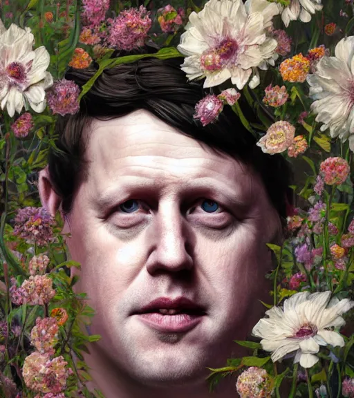 Prompt: portrait of boris johnson in 3 0 s, surrounded by flowers by karol bak, james jean, tom bagshaw, rococo, trending on artstation, cinematic lighting, hyper realism, octane render, 8 k, hyper detailed