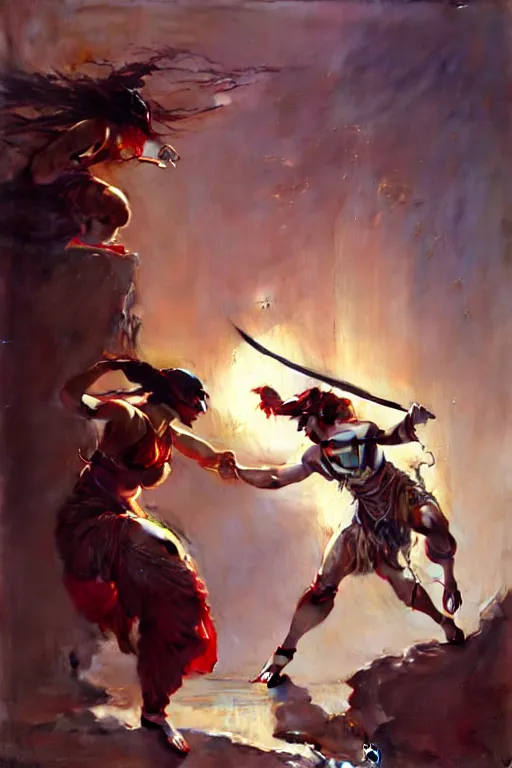 Image similar to An epic fight moment between one a spirit slayer with one female skilled samourai in style of by gaston bussiere, and craig mullins and greg rutkowski and alphonse mucha, awesomenes , concept art world,