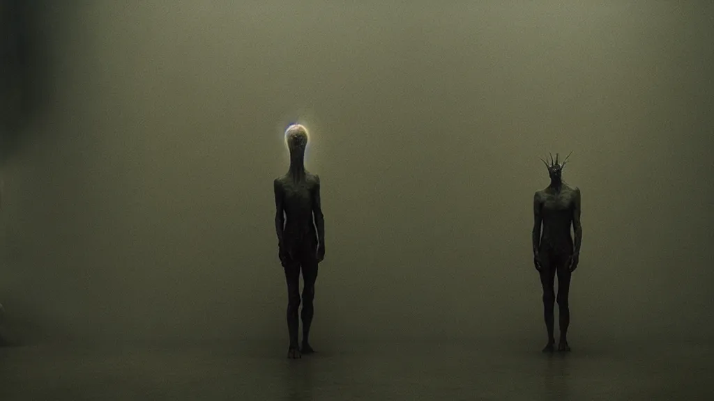 Image similar to the creature that pushes in from the wall, film still from the movie directed by denis villeneuve and david cronenberg with art direction by salvador dali and zdzisław beksinski, wide lens