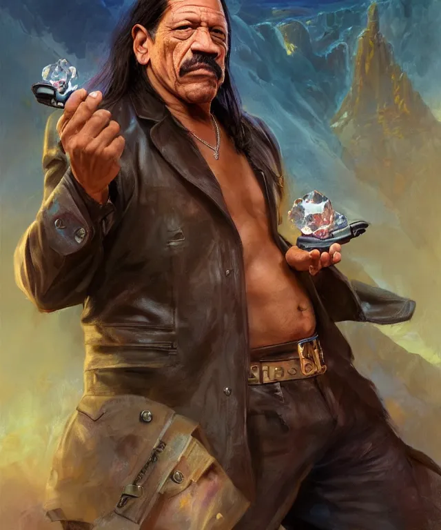 Prompt: danny trejo, cinematic, as a secret agent, holding a gems, elegant, highly detailed, digital painting, artstation, smooth, hard focus, illustration, art by jessica rossier and and brian froud