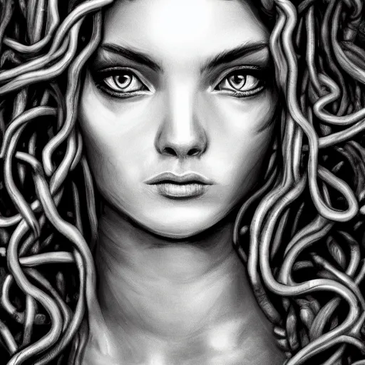 Image similar to medusa portrait painting, black and white, artstation, detailed, blurred background