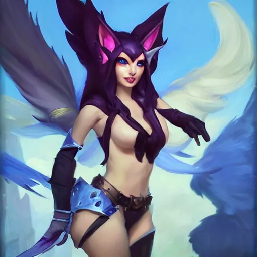 Image similar to greg manchess portrait painting of partially armored ahri from league of legends as overwatch character, medium shot, asymmetrical, profile picture, organic painting, sunny day, matte painting, bold shapes, hard edges, street art, trending on artstation, by huang guangjian, gil elvgren, ruan jia, randy vargas, greg rutkowski