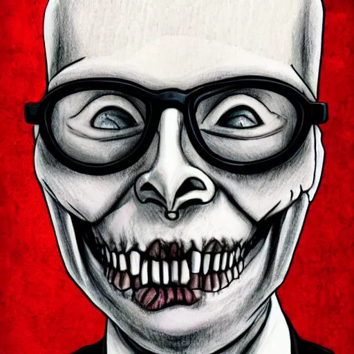 Image similar to grunge drawing of Klaus Schwab in the style of jack skellington and Jacob Shaw,creepy, surreal, trending on artstation, bold and vivid colour