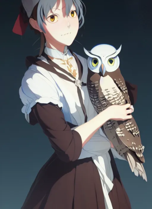 Image similar to florence nightingale with her pet owl in the pocket of her apron gapmoe yandere grimdark, trending on pixiv fanbox, painted by greg rutkowski makoto shinkai takashi takeuchi studio ghibli