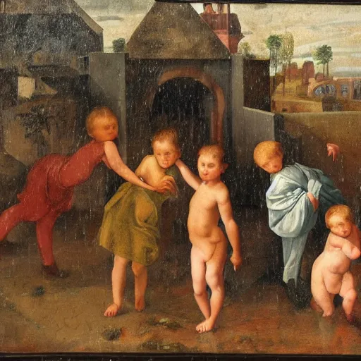 Prompt: children playing in heavy rain, painting, sharp, clear faces, highly detailed photo, style of high renaissance period