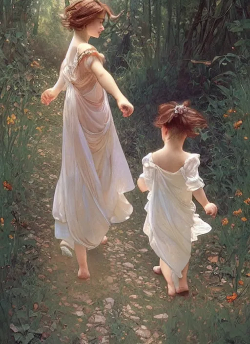 Prompt: two cute children holding hands and running through the forest. beautiful painting by artgerm and greg rutkowski and alphonse mucha