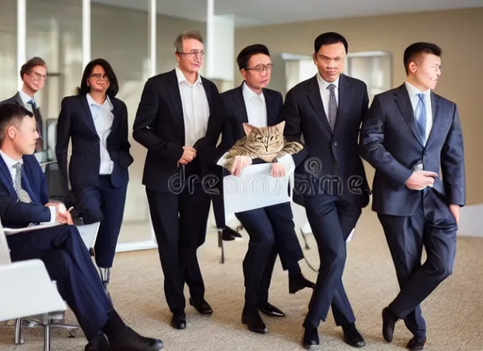 Image similar to photo of cats dressed in suits attending a management board meeting. Highly detailed 8k. Intricate. Sony a7r iv 55mm. Stock photo.