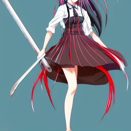 Prompt: advanced digital anime character design sheet, Girl with long braided silver hair and spectacle glasses wearing a black high school outfit and red skirt holding 5 feet scythe Sakimimichan WLOP Artgerm