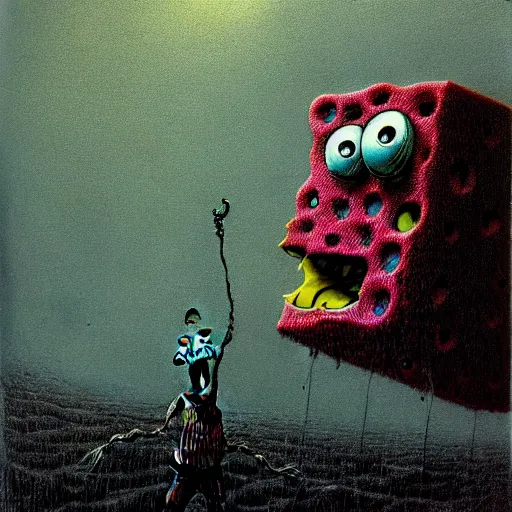 Prompt: nightmare spongebob, in the style of beksinski, high detail, clean lines