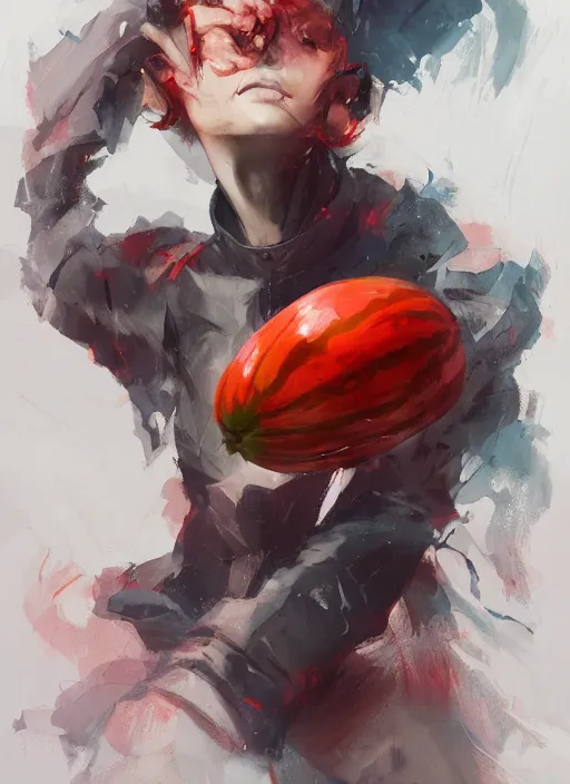 Image similar to semi reallistic gouache gesture painting, by yoshitaka amano, by ruan jia, by Conrad roset, by dofus online artists, detailed anime 3d render watermelon monster, watermelon terrible monster, antrophomorfic watermelon, portrait, cgsociety, artstation, rococo mechanical, Digital reality, sf5 ink style, dieselpunk atmosphere, gesture drawn