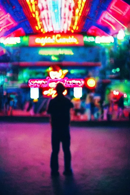 Image similar to agfa vista 4 0 0 photograph of a guy standing in the middle of a carnival, back view, synth vibe, vaporwave colors, lens flare, moody lighting, moody vibe, telephoto, 9 0 s vibe, blurry background, grain, tranquil, calm, faded!,