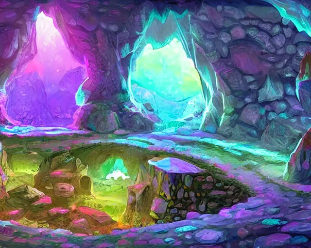 Prompt: very high quality digital art of a fantasy stone cavern lit by colorful glowing crystals