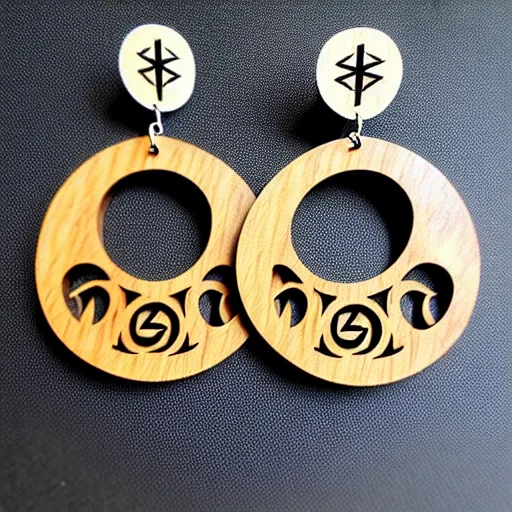 Image similar to 2 d wood lasercut earrings, mystical symbols, 8 k, hd, trending on amazon on artstation, trending on deviantart, trending on etsy, epic digital art