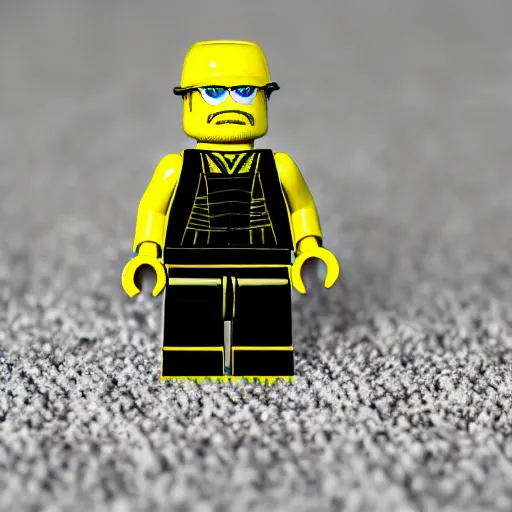 Image similar to macro photography of a minifigure of walter white walking on the carpet, 3 5 mm