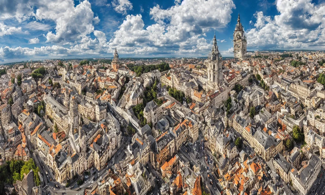 Prompt: highly detailed, intricate stunning image of an ornate baroque city landscape poking through the clouds into the bright blue sky : : 6, looking down from a balcony high up a tower : : 1 0, surrounded by higer baroque castle towers, high octane, cinematic lighting 4 k