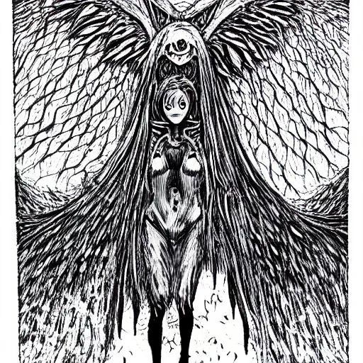 Image similar to mothman in the style of junji ito, in the woods of west virginia, cryptid, insane detail, body horror