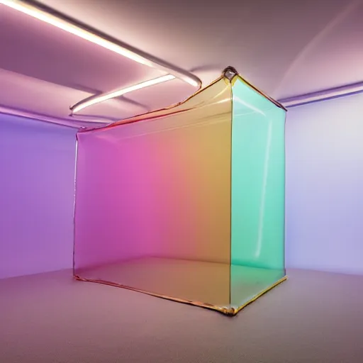 Prompt: an ultra high definition professional studio quality photograph of a transparent iridescent perspex pastel coloured inflatable abstract parachute sculpture in an empty white room. dramatic lighting, ray tracing, refraction, shallow d. o. f, colour corrected, golden ratio, three point light. volumetric shadows. god rays.