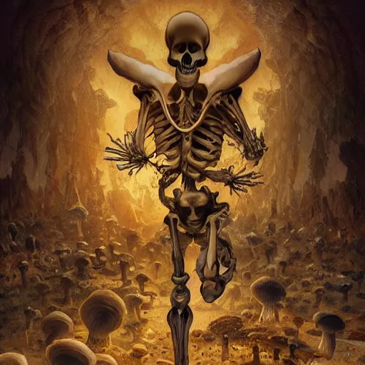 Prompt: “skeleton come to life, raggedy clothes, depraved smile, Egyptian motifs, nuclear bomb going off in background creating a mushroom cloud, D&D, fantasy, intricate, cinematic lighting, highly detailed, digital painting, artstation, concept art, smooth, sharp focus, illustration, art by Artgerm and Greg Rutkowski and Alphonse Mucha”