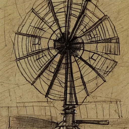 Image similar to old pencil sketch by leonardo davinci blueprint! of a windmill, very detailed technical sketch, annotation, quotes, written dimensions, monochromatic, sepia tones, old paper