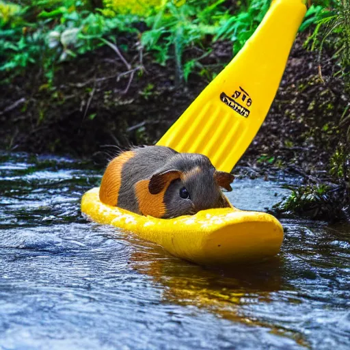 Image similar to a guinea pig paddling a yellow kayak on a small stream