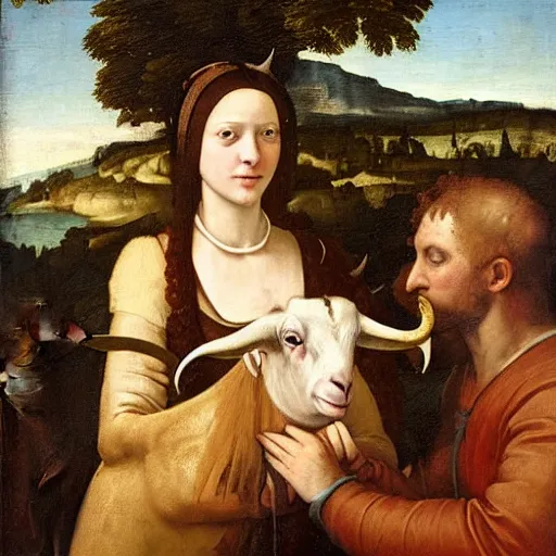 Prompt: woman with horns holds a goat, renaissance painting