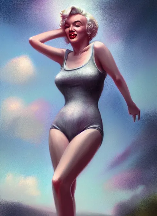 Image similar to marilyn monroe detailed full clothing, half body shot, arms down, path traced, highly detailed, high quality, digital painting, alena aenami, arnold bocklin, tom bagshaw