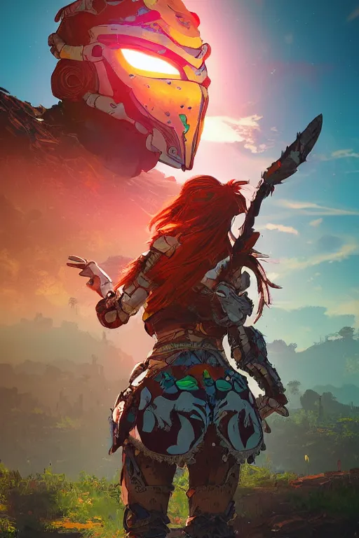 Image similar to combination suit armor aloy horizon forbidden west horizon zero dawn radiating a glowing aura global illumination ray tracing hdr fanart arstation by ian pesty and alena aenami artworks in 4 k tribal robot ninja mask helmet backpack