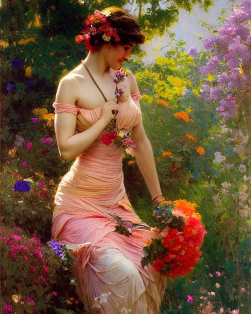 Image similar to an attractive girl wearing a colourful dress and surrounded by flowers. highly detailed painting by gaston bussiere, craig mullins, j. c. leyendecker 8 k