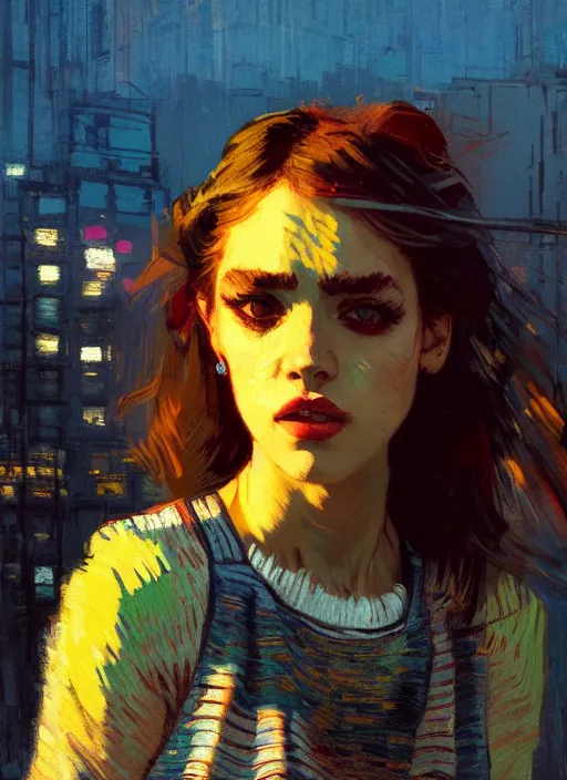 Image similar to portrait of a beautiful girl, new york backdrop, sad, sunset shades, beautiful face, rule of thirds, intricate outfit, spotlight, by greg rutkowski, by jeremy mann, by francoise nielly, by van gogh, digital painting