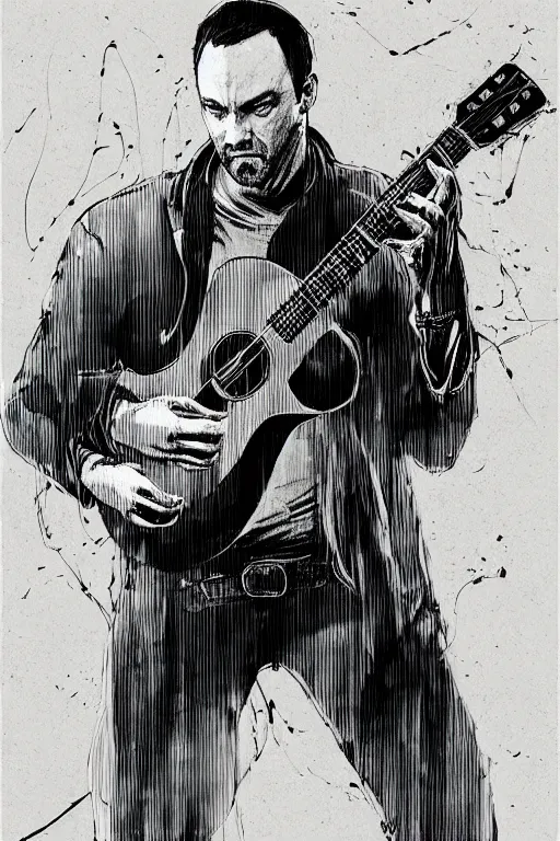 Image similar to full body portrait of dave matthews with an acoustic guitar, concept art, sumi - e style, intricate linework, artstation, trending, highly detailed, smooth, focus, art by yoji shinkawa and glenn fabry,