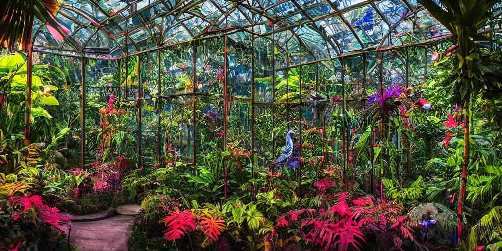 Prompt: magician's tropical greenhouse garden with colored glass cover, outside of time and space, birds, flowers, fairy tale, night lighting, gorgeous lighting, dramatic cinematic lighting, intricate, highly detailed, low angle view, mysterious, comfort, in the style of aetherpunk, 8 k