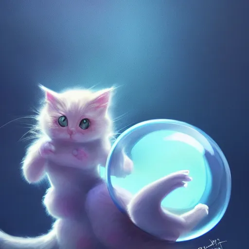 Image similar to cinematic portrait of cute Mew riding large blue bubble, oil on canvas, masterpiece, trending on artstation, featured on pixiv, cinematic composition, dramatic pose, beautiful lighting, sharp, details, hyper-detailed, HD, HDR, 4K, 8K